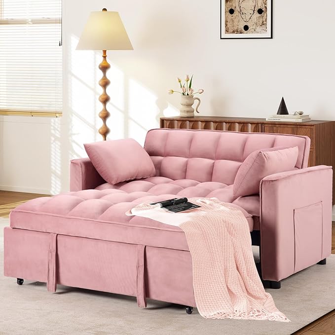ANJ 3 in 1 Convertible Sofa Bed Pull Out Futon Loveseat Sleeper Sofa Couch with Adjustable Backrest Storage Pockets 2 Pillows for Living Room Bedroom