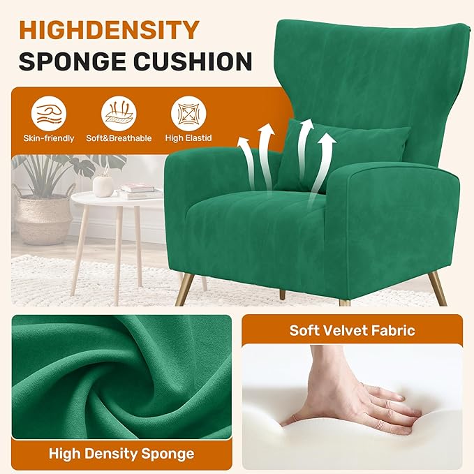 Velvet Accent Chair Wingback for Living Room High Back Arm Chair with Golden Legs Lumbar Pillow Upholstered Single Sofa Bedroom Green