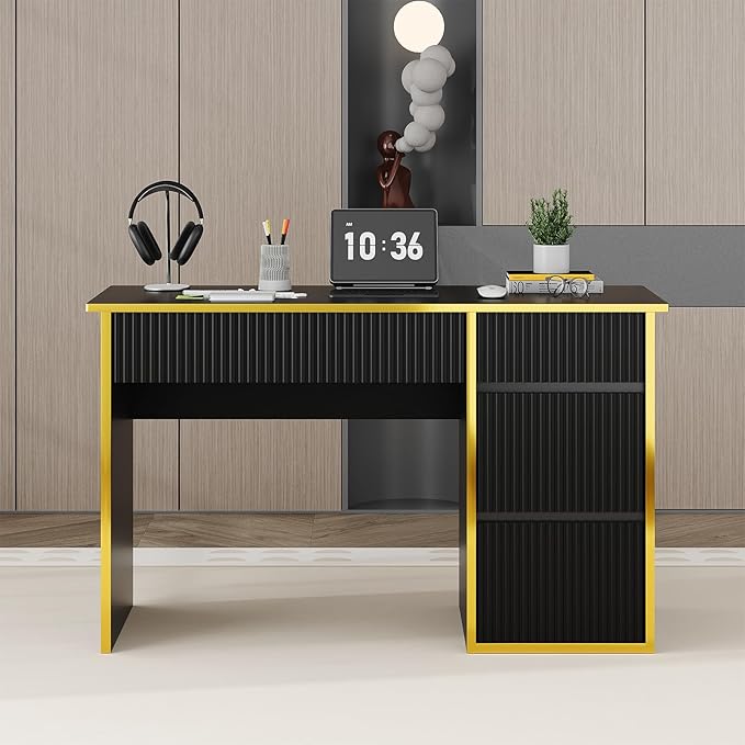 4 EVER WINNER 47 Inch Computer Desk with 4 Drawers Black &amp Gold Modern Home Office Desk Writing Study Gaming Desk for Bedroom Small Space Sturdy Wood Desk with Hidden Handle