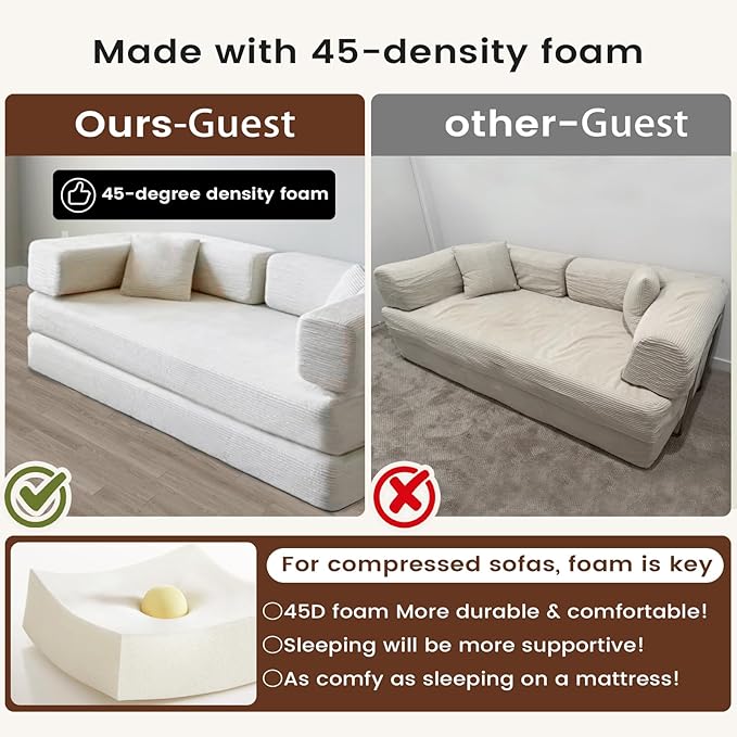 Convertible Sleeper Sofa Bed Corduroy Upholstered Modular Floor Couch Queen/King Size Foldable Futon with futon Memory Foam for Apartment Living Room Bedroom (Off White 80.15)