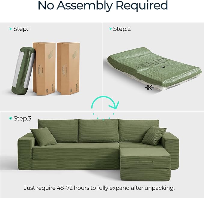 LINSY HOME Oversized Convertible Sofa Bed with 2 Pillows &amp Ottoman Corduroy Boneless Couch Folding Modular Sleeper Sofa L Shaped Couch Floor Sofa for Living Room Apartment Upgrade Backrest (Gre