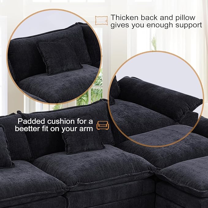Furniliving 46‘’ Oversized Chair with Ottoman Luxury Chenille Single Sofa Upholstered Deep Seat Chaise Lounge with Pillows for Living Room Bedroom Apartment Black