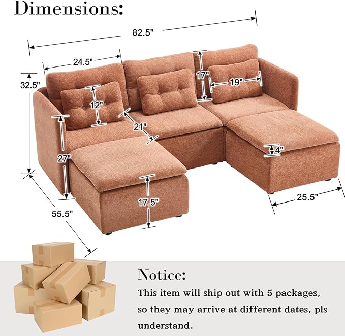 DUOMAY Modern Chenille Convertible Sectional Sofa 82.5 Wide Modular Couch with Deep Seat Upholstered U-Shaped Lounge Sofa with 2 Ottomans for Living Room Bedroom Brown