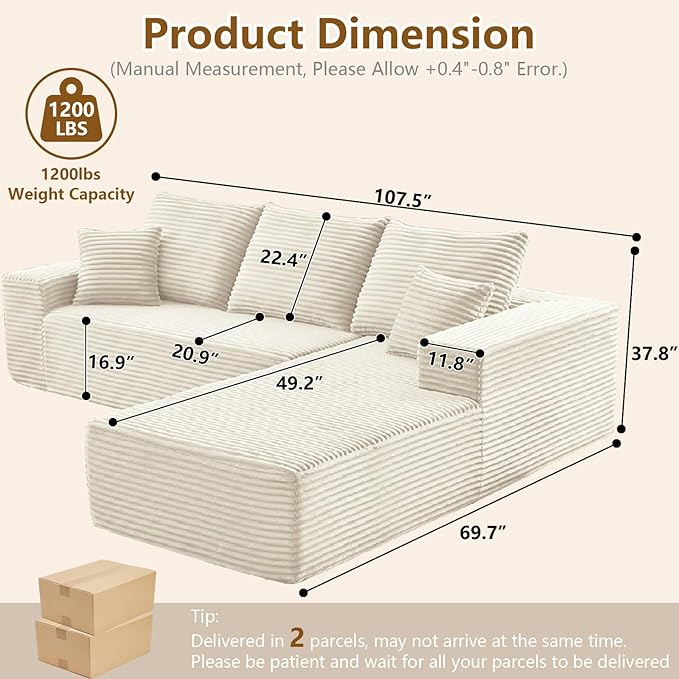 107 Cloud Sectional Couch with L-Shape Chaise Modern Modular Comfy Sofa Chaise Longue Upholstered Corduroy Couches Sleeper with Deep Seat for Living Room Bedroom No Assembly Required White