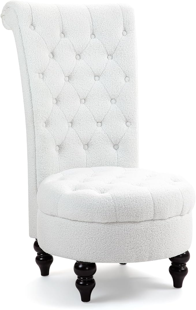 AVAWING Teddy Fleece Throne Royal Chair Set of 1 for Living Room Button-Tufted Armless High Back Chair with 24.6 Inch Large Seat Thick Padding and Rubberwood Legs White