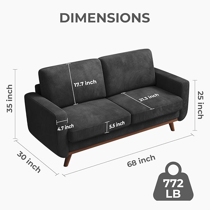 Vesgantti 68 Loveseat Sofa Black Comfy Corduroy Couch with Spring Cushion and Solid Wood Modern Extra Deep Seat for Bedroom Living Room Office