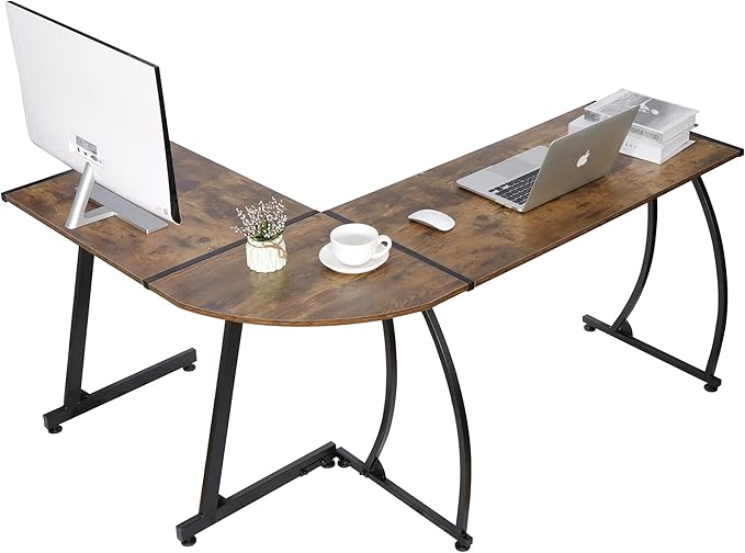 Modern L-Shaped Gaming DeskHome Office Desk with Round Corner Computer DeskStudy Writing PC Laptop Workstation with Solid Steel Frame Desktop Brown