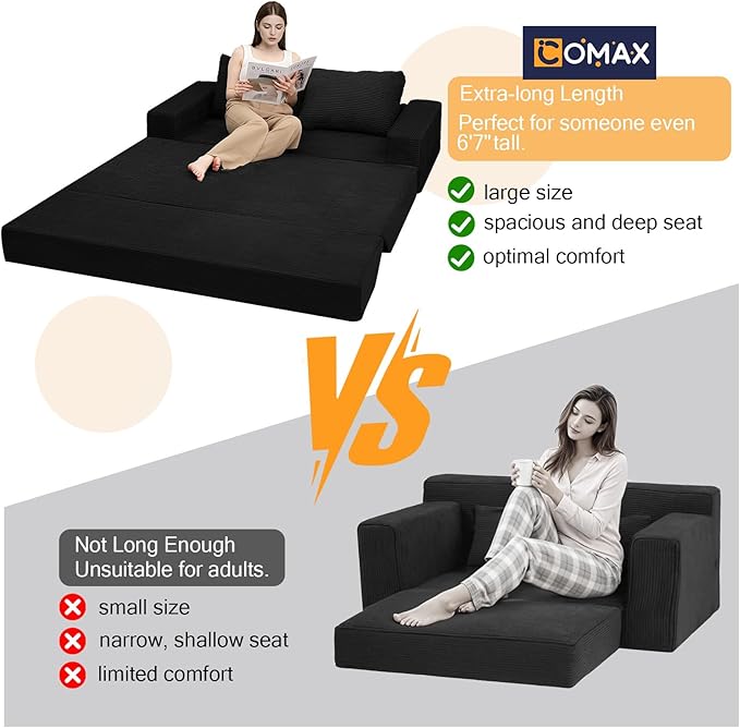 COMAX Convertible Sofa Bed Queen Corduroy Folding Floor Couch Pull Out Couch Bed Futon Sleeper with Pillows Fold Out Boneless Sofa Comfy Lounge Mattress Loveseat for Living Room Bedroom Black