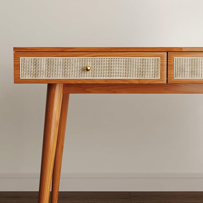 Mid-Century Modern Solid Wood Desk with Drawers – 45 inch Small Boho Rattan Writing Desk for Home Office Minimalist Design Natural Wood Legs Table for Workspace Elegance