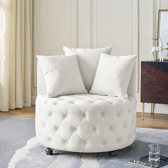 GNIXUU Swivel Barrel Accent Chair 30” Modern Velvet Round Sofa Chair with 3 Pillows and Wheels Comfy Tufted Club Lounge Chair for Living Room Bedroom(Beige).
