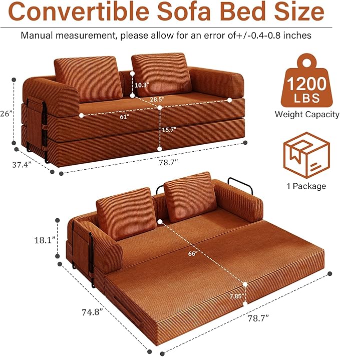 78'' Sleeper Couch Bed for Living Room Convertible Modular Sofa with Fixed Frame &amp Side Pocket Corduroy Futon Boneless Couches in a Box No Assembly Orange