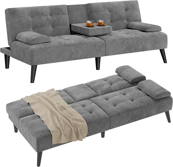 Shintenchi Futon Sofa Bed Velvet Foldable Couch Reclining Sleeper with Removable Armrests Upholstered Loveseat Sofa Couch with Folding Cup Holders for Home Office Dark Gray