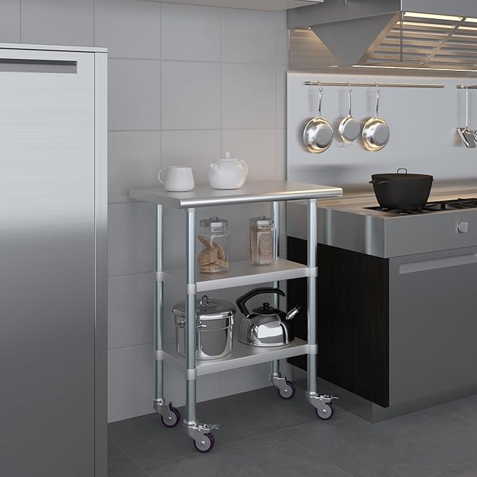 AmGood Stainless Steel Work Table with 2 Shelves and Casters | Metal Utility Table On Wheels (Stainless Steel Work Table with 2 Shelves + Casters 30 Long x 18 Deep)