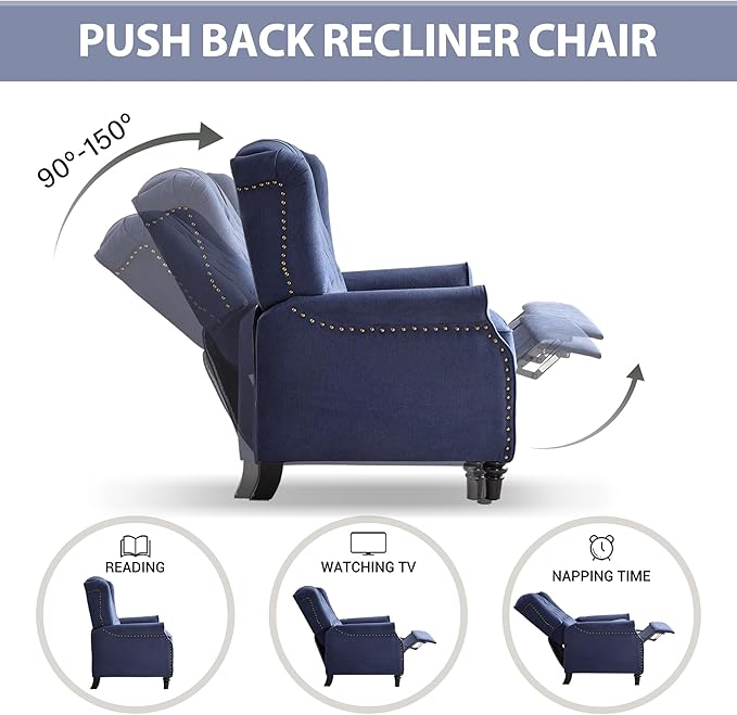 Bonzy Home Wingback Chairs Set of 2 Mid Century Modern Living Room Chairs Fabric Push Back Recliner Chair with Rivet Decoration Button-Tufted Back Solid Wood Legs Blue
