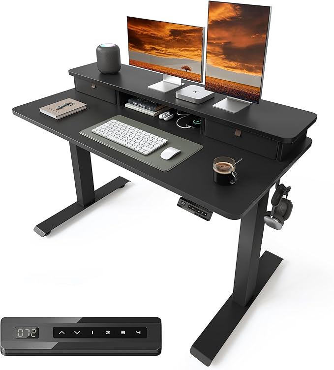 CubiCubi 48 x 24 Inch Electric Height Adjustable Standing Desk with Double Drawers 4 Adjustable Feet &amp 2 Hooks Home Office Computer Workstation Black