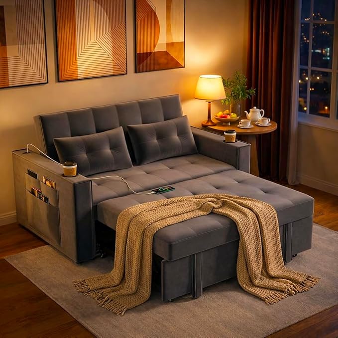 68 3-in-1 Convertible Sofa Bed Adjustable Backrest Pull Out CouchLoveseat Sleeper Bed with Charging Station Cup Holder 2 Pillows Side Pockets for Living RoomGuest Bedroom Apartment