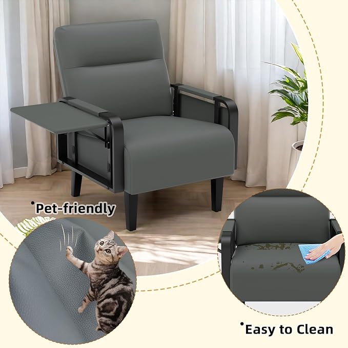 Upholstered Faux Leather Accent Chair Set of 2 Armchair with Tray Table Comfy Reading Chair for Living Room Bedroom Guest Room Gray