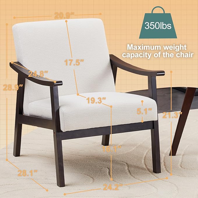 Mid-Century Modern Accent Chair Modern Armchair with High Back Upholstered Armchair with Solid Wood Legs Leisure Lounge Reading Chair for Living Room or Bedroom (Ancient White)