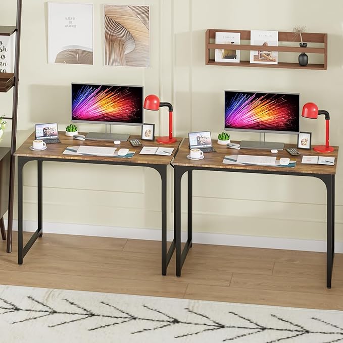 39 Inch Computer Desk Set of 2 Office Desk with Metal Frame Home Office Desk Modern Simple Style for Small Space Home Office Living Room Bedroom Brown