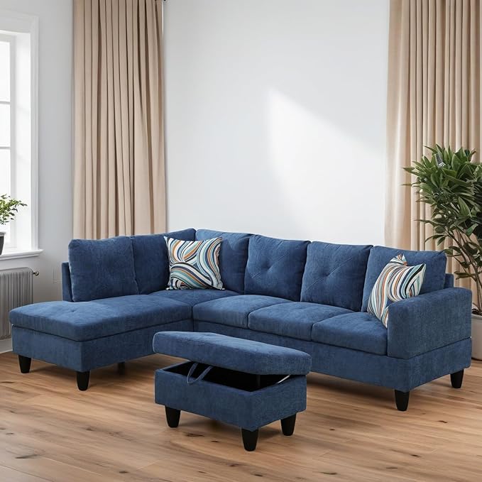 L Shaped Couches for Living Room Sectional Couch Living Room Furniture with Storage Ottoman Modular Sectional Sofa with Movable Chaise for Apartment Office Blue
