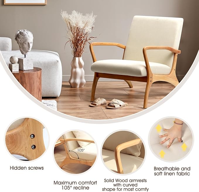 ELUCHANG Accent Chair with Lumbar PillowMid-Century Modern Armchair Linen Fabric Comfy Reading Lounge Side Chair for Living Room Bedroom ApartmentEasy Assembly(Beige)