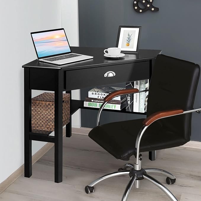 LDAILY Small Corner Desk Triangle Makeup Vanity Desk for Small Space Compact Writing Desk with Storage Shelves &amp Drawer Space Saving Corner Computer Desk for Bedroom Home Office