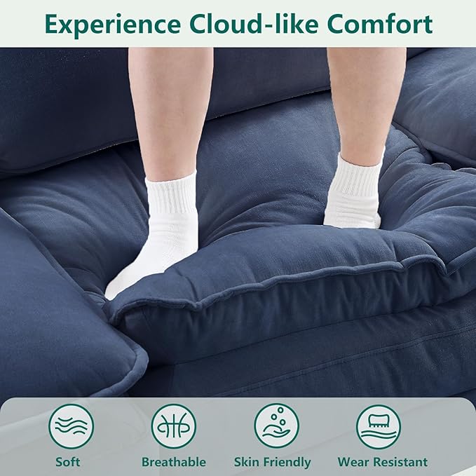 Modular Sectional U Shaped Sofa Couches for Living Room Cloud Couch with Movable Ottoman Comfy Chenille Sofa with Pillow for Bedroom and ApartmentBlue