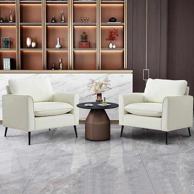 YITAI Modern Accent Living Room ChairsFaux Leather Oversized Single Sofa Chair with Metal Legs Mid Century Comfy Armchair for Bedroom/Office Reading/Lounge/Office/Reception2PCCream
