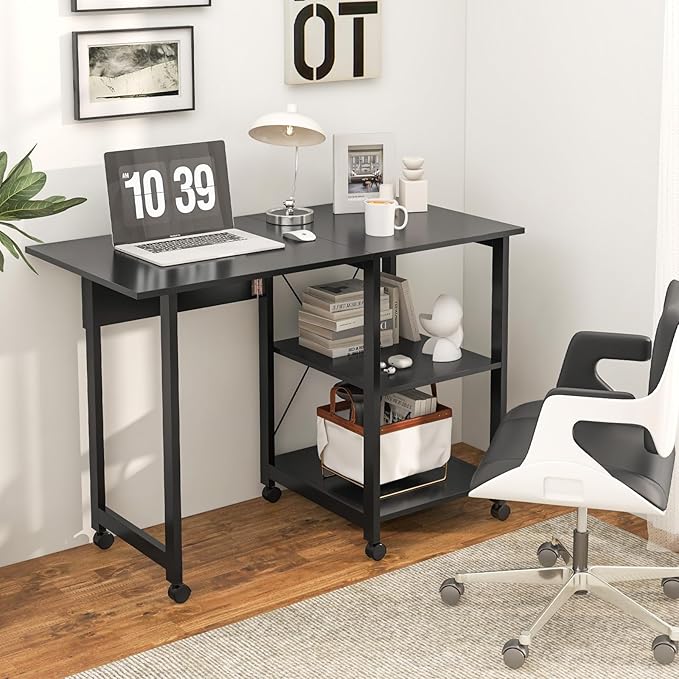 Tangkula Folding Computer Desk Modern Writing Table w/ 2-Tier Storage Shelves PC Laptop Study Table Workstation w/ 6 Wheels Space Saving Compact Home Office Desk for Small Apartment (Black)