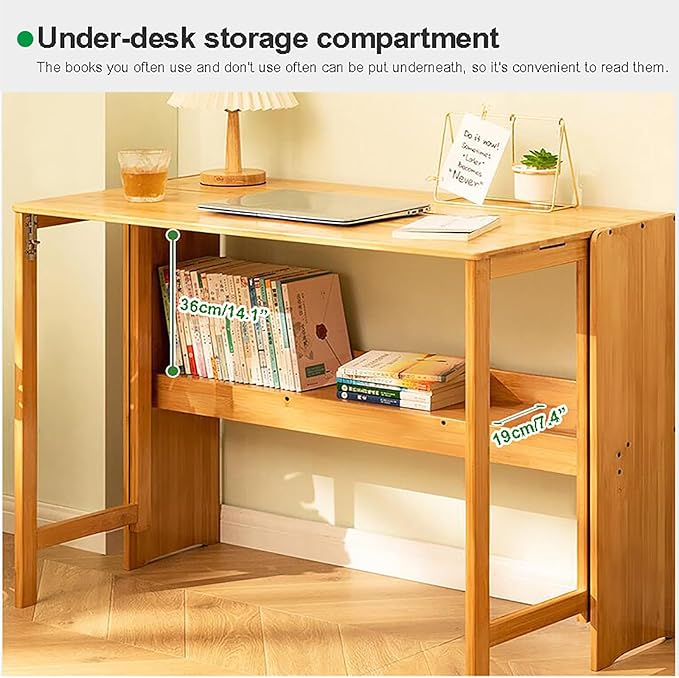 Solid Wood Folding DeskMid Century Modern DeskFoldable Writing Computer Desk for Home OfficeStudy Desk with Storage Shelf for Small Spaces(103cm/40.5 Natural)