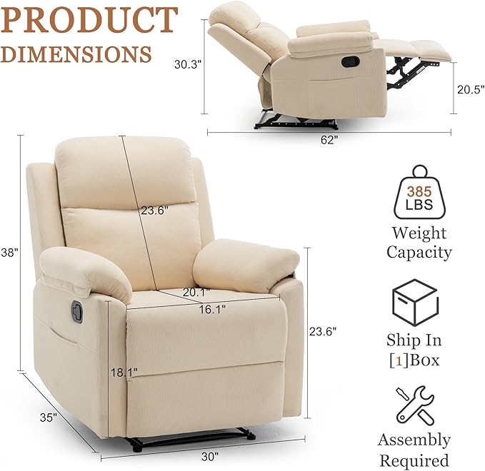 Recliner Chair Small Recliners for Small Spaces Upholstered Manual Recliner with Side Pockets Comfy Corduroy Chairs for Living Room Bedroom Reading Beige
