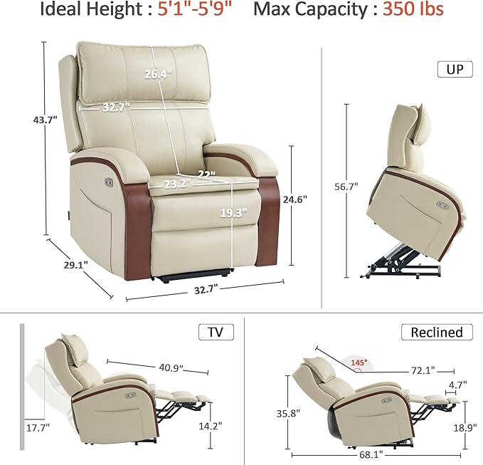 MCombo Power Lift Recliner Chair Sofa with Massage and Heat Adjustable Headrest for Elderly People Solid Wood Armrest USB Ports Side Pockets Faux Leather 7917 (Cream White Medium)