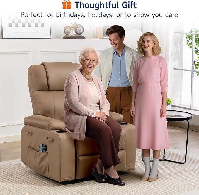 Brage Living Power Lift Recliner Chair for Elderly with Massage &amp Heat PU Leather Electric Recliner with 160° Adjustable Recline Stand Assist Remote Control Cup Holders &amp Side Pockets (Bro