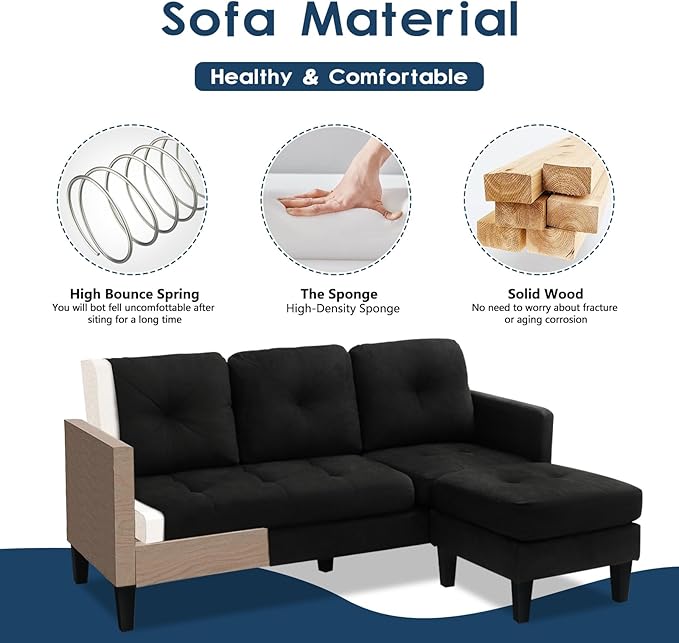 Convertible Sectional Sofa Couch Modern L-Shaped Couch 3-Seat Sofa Reversible Sectional for Living Room Apartment and Small Space (Black)