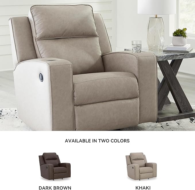 Signature Design by Ashley Lavenhorne Contemporary Faux Leather Upholstered Manual Rocker Recliner with 2 Cup Holders Beige