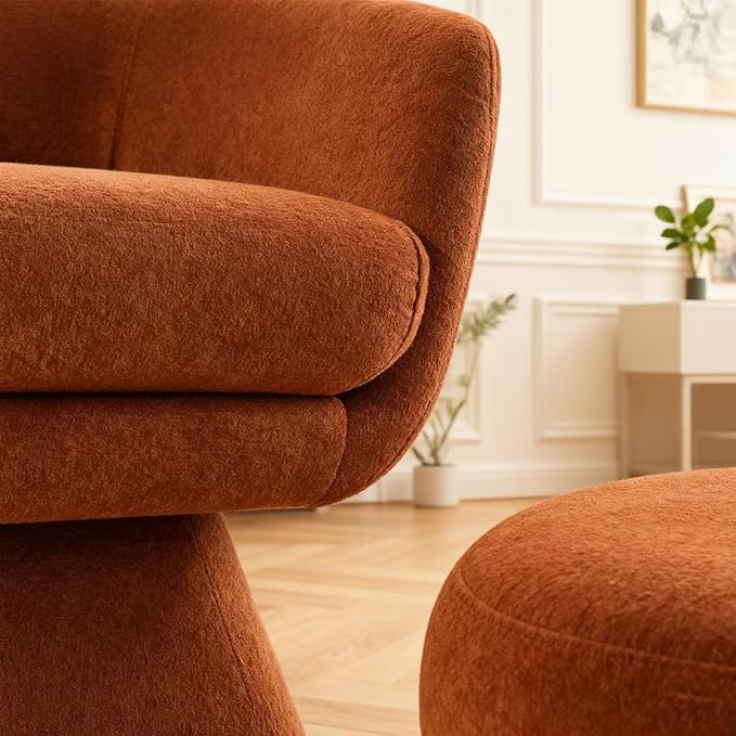 Swivel Barrel Chair and Ottoman Set 360 Degree Club Chair Comfy Boucle Armchair and Footstool Upholstered Accent Sofa Chair w/Footrest for Living Room Bedroom Reception Room Orange