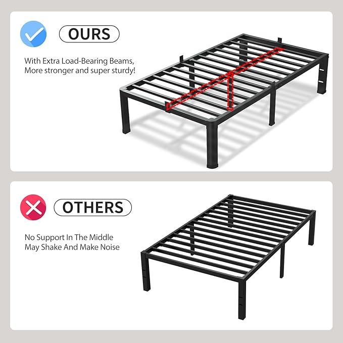18 Inch Twin XL Bed Frame 3500Lbs Heavy Duty Metal Platform with Round Corner Legs Mattress Slide Stopper Steel Slat Support No Box Spring Needed Noise Free Non-Slip Easy Assembly
