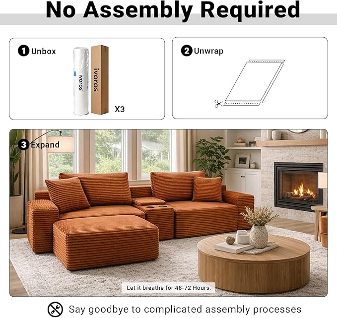 111 Inch Modular Sectional Sofa Couch Oversized Modern Cloud Couch for Living Room L Shape Couches with Ottomans USB Ports and Cup Holders Orange Corduroy Boneless Sofas Sofa in a Box