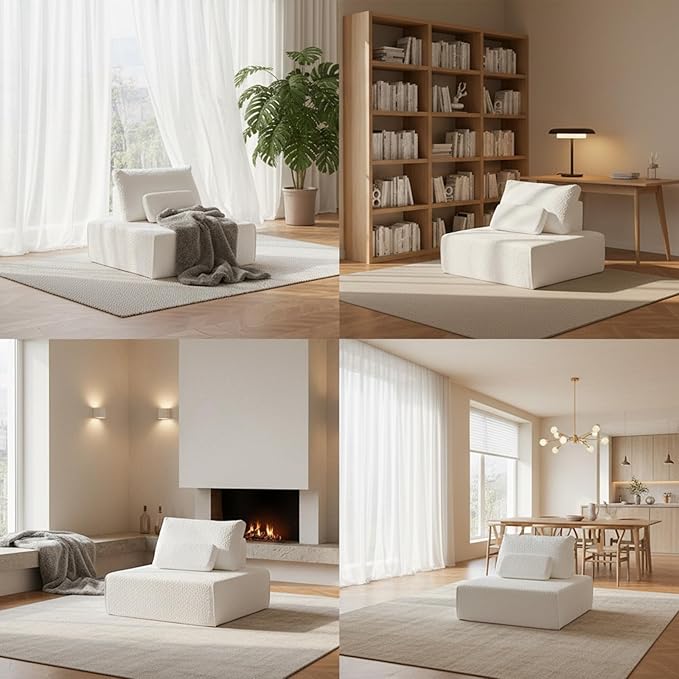 Modular Sectional Sofa Couch Boneless Single Sofa 1 Seat Couch with Deep Seat Memory Foam Cloud Chair with Pillows White Chenille Lazy Floor Couch for Small Spaces Living Room &amp Bedroom