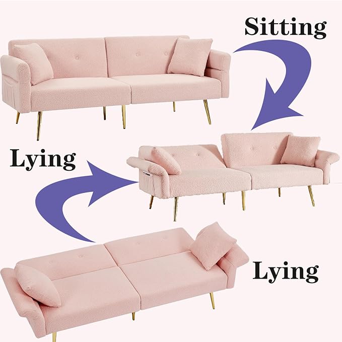 Pink Modern Teddy Velvet Convertible Folding Futon Couch Sofa Bed Adjustable Pillow Top Arm Memory Foam Couch Double Love Seat Sofa for Compact Space Dorm Apartment Bedroom Loveseat (Pink)