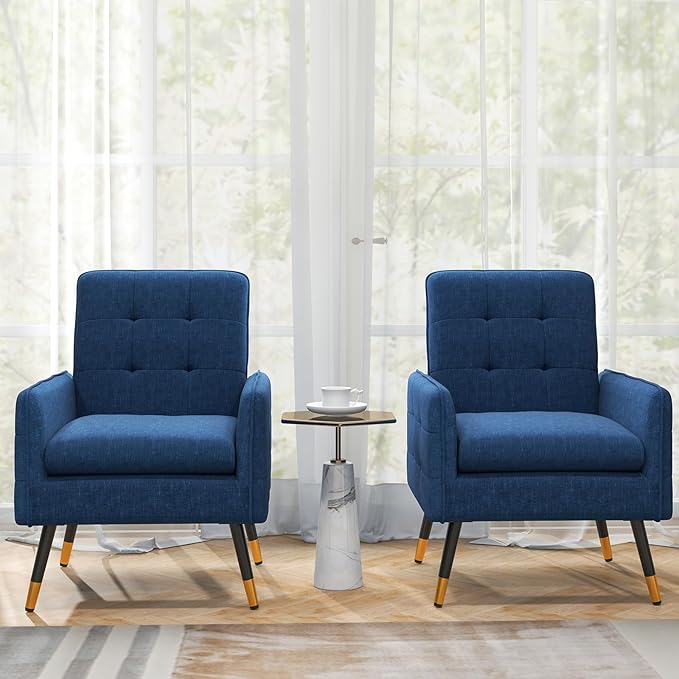 Giantex Modern Mid-Century Accent Chair Set of 2 - Upholstered Armchair with Tufted Back Metal Legs Adjustable Foot Pads Fabric Single Sofa Chair for Reading Living Room Chair for Bedroom Blue