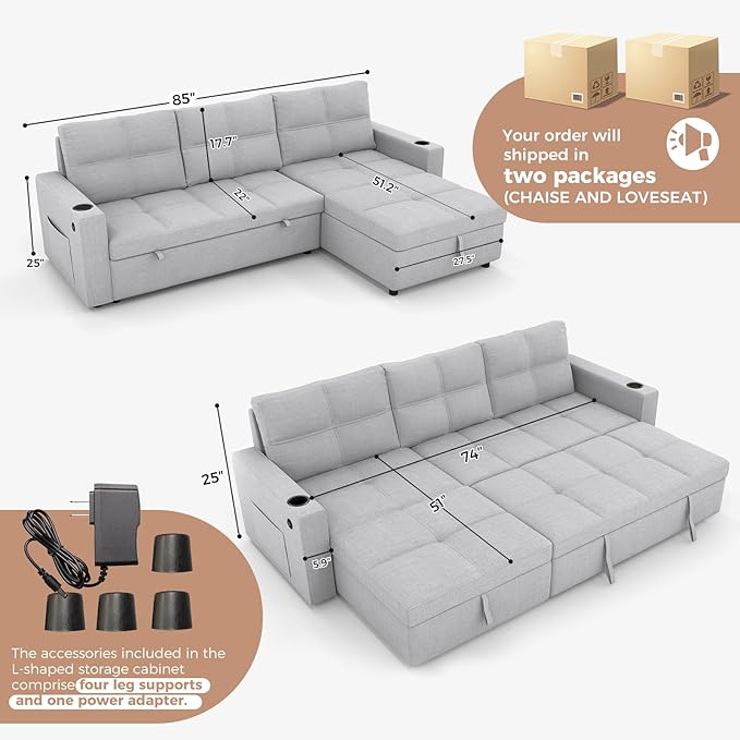 85 inch Sectional Sleeper Sofa Bed with StoragePull Out Couch with Reversible Storage ChaiseCup Holders USB ChargingSide PocketsComfortable Sectional Sofa Couches for Living RoomSmall Spaces | co