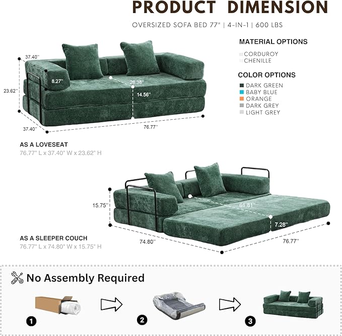 Alpen 77 Convertible Sleeper Sofa Bed with Pillow - Chenille Fabric &amp High-Density Sponge &amp Fixed-Shape Frame Modular Sofa for Living Room/Lounge/Studio Green