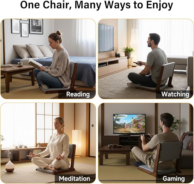 Tiita Floor Chair with Back Support Foldable Meditation Tatami Chairs Backrest Chair with Cushion Living Room Chair Seat 2 Pack Walnut Grey