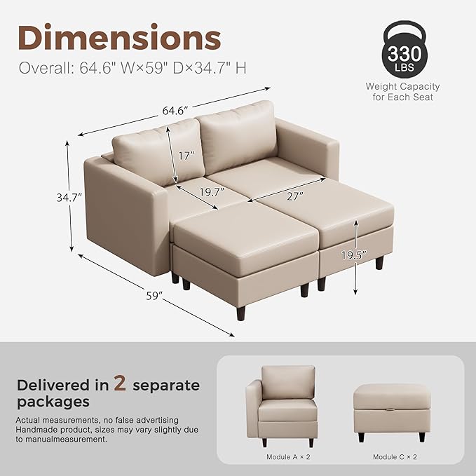 ABCASA 64.6 Faux Leather Loveseat Sleeper Sofa Bed with Storage Seat Modern Modular Sectional Couch Deep Seat with Reversible Chaise 2-Seat Whitesand for Apartment Living Room Bedroom