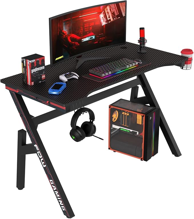 BestOffice | 47 Gaming Desk | Red | Carbon Fiber Textured Computer Desk | Sturdy Steel Frame Cup Holder Headphone Hook Cable Management Holes Adjustable Leg Pads | for Gamers Home Office