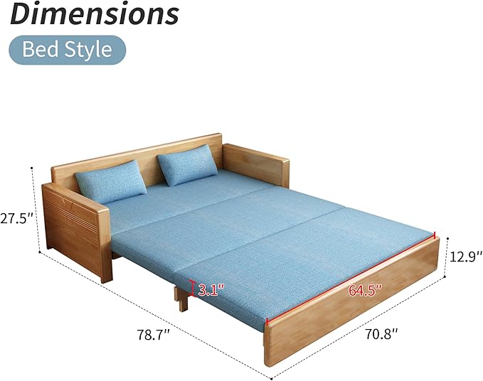 71 Blue Cushion Convertible Sofa Sleepersectional Sleeper Sofa with Reversible ChaiseLog Color Wood Sofa Bed 3 in 1 Pull Out CouchWooden Sofa Bed for livingroomApartmentBedroomOffice