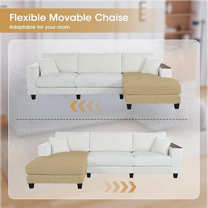 114.5” Corduroy Sectional Couch with 2 Pillows with Reversible Chaise Oversized Sofa L Shaped Couch with Two Armrests Hidden Storage Space Sectional Couches for Living Room Whtie