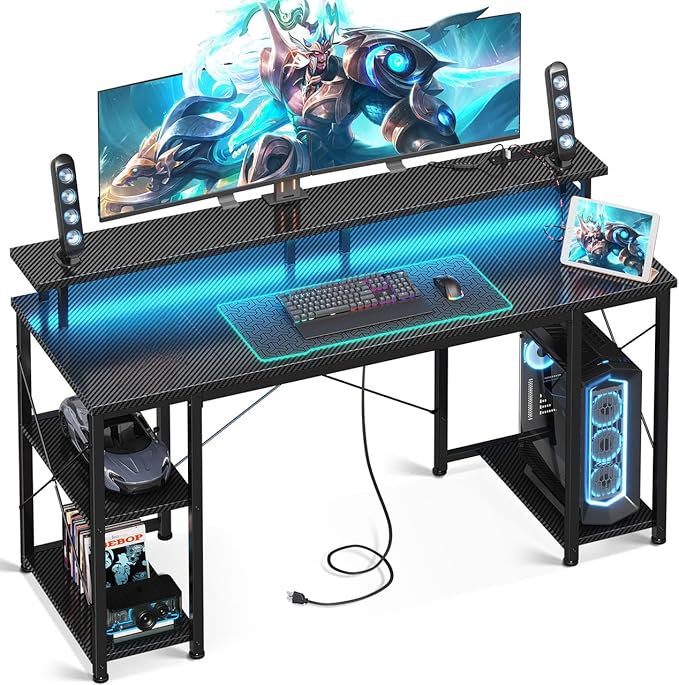 ODK 55 inch Computer Desk with Power Outlets &amp LED Lights Gaming Desk with Monitor Stand &amp Storage Sheves Home Office Desk Carbon Fiber Black