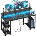 ODK 55 inch Computer Desk with Power Outlets &amp LED Lights Gaming Desk with Monitor Stand &amp Storage Sheves Home Office Desk Carbon Fiber Black